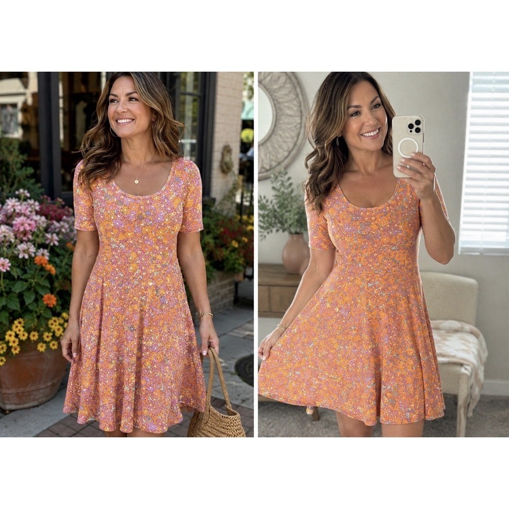LuLaRoe Amelia Dress M Orange Floral Short Sleeve  Pleated Fit Flare Knee‎